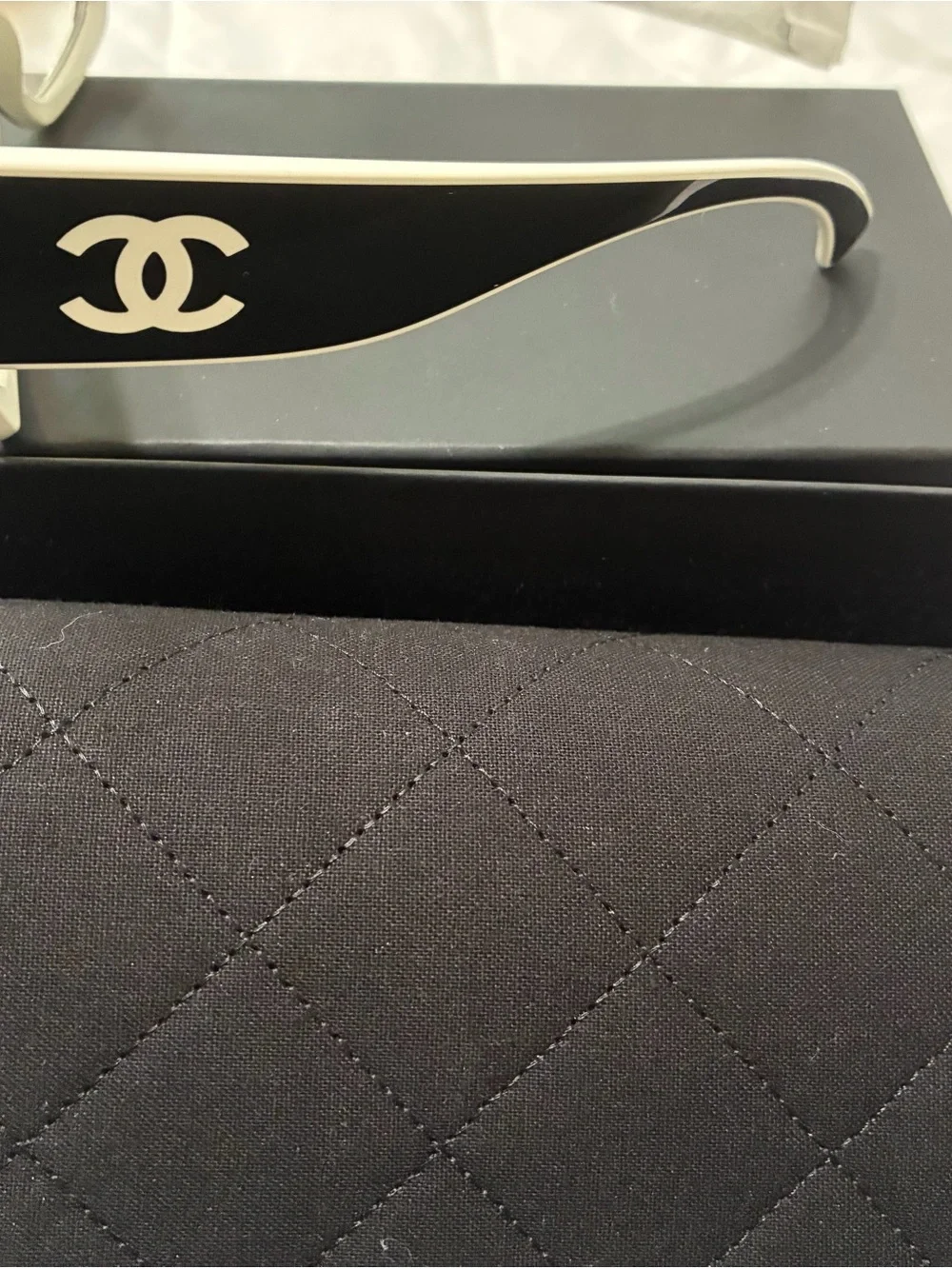 CHANEL Black and White CC Logo Temple Sunglasses